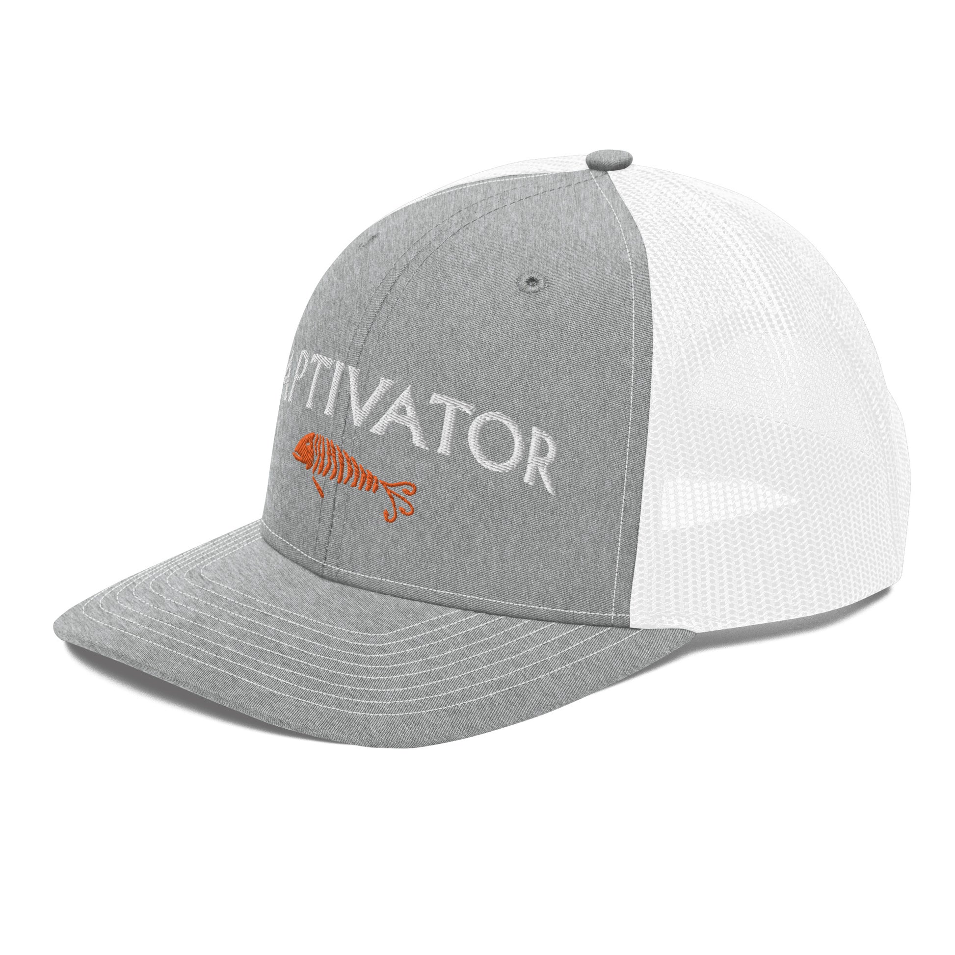 Kaptivator Fishing Trucker Hat Grey White Mesh Left Angle