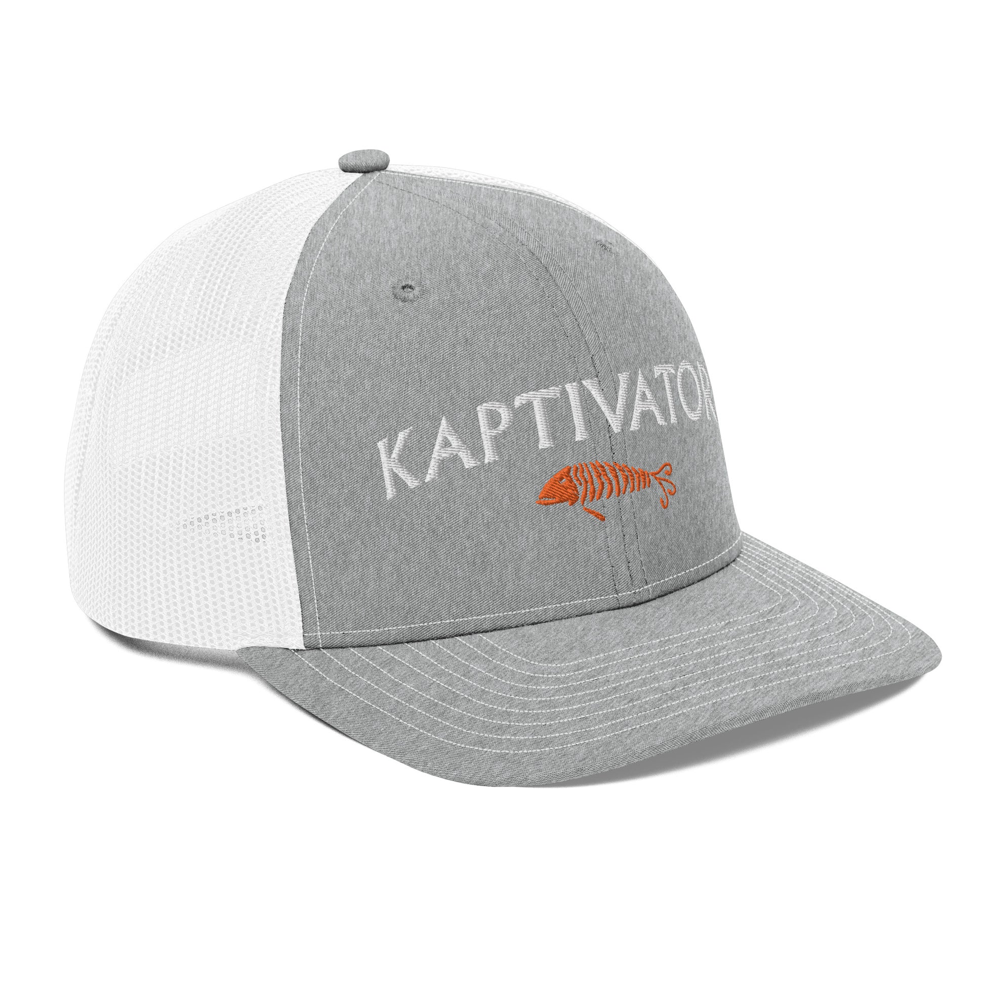 Kaptivator Fishing Trucker Hat Grey White Mesh Right Angle